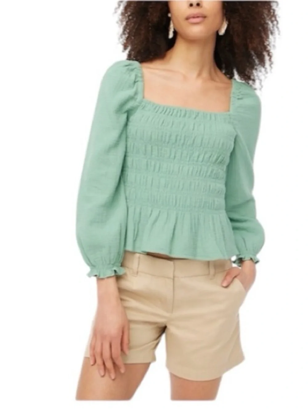 J. Crew Smocked Puff Sleeve Square Neck Woven Blouse Seafoam Green XS